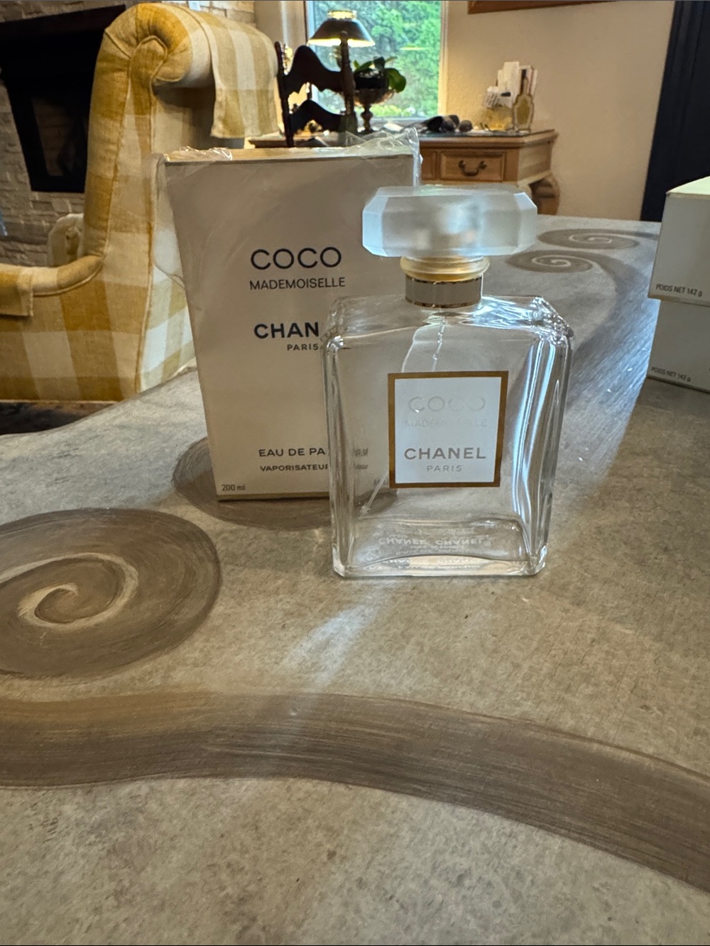 Empty CHANEL coco Mademoiselle Clear Glass Perfume Bottle with Gold Accents/ box